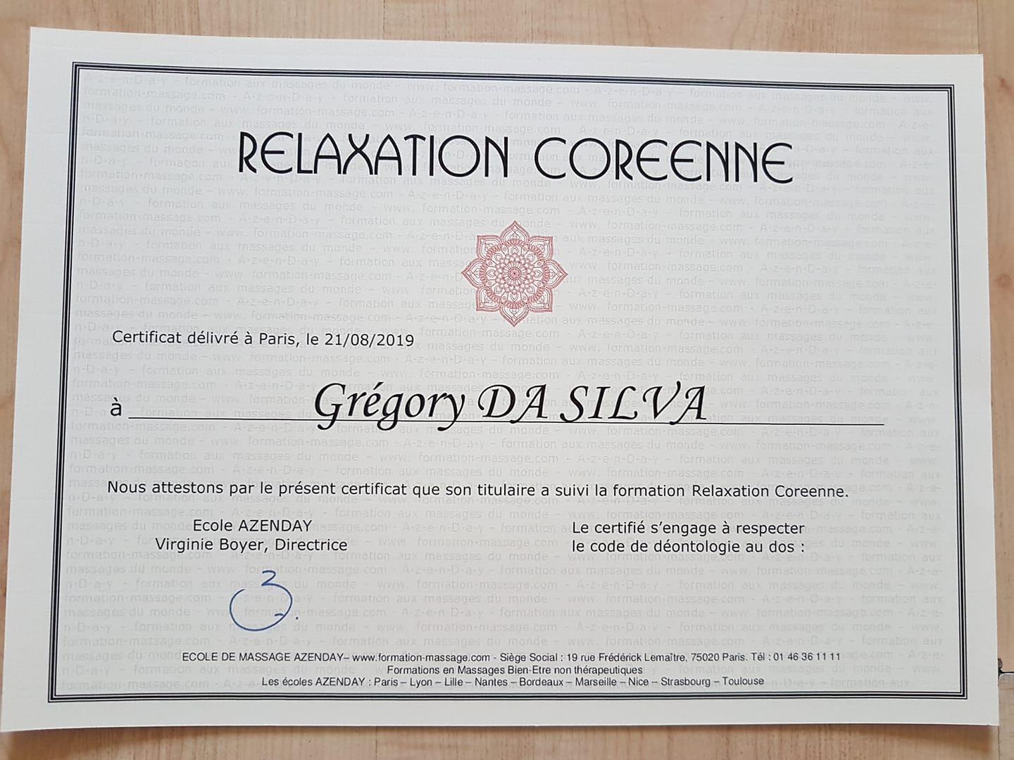 Certificat Relaxation Coréenne