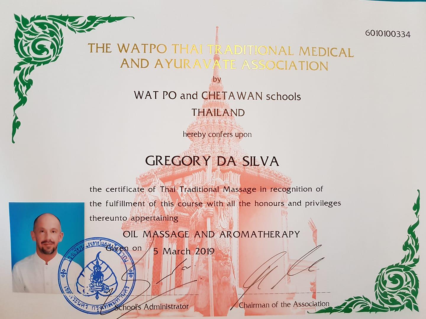 Certificat Massage Thaï à l'huile (Bangkok Thaïlande)